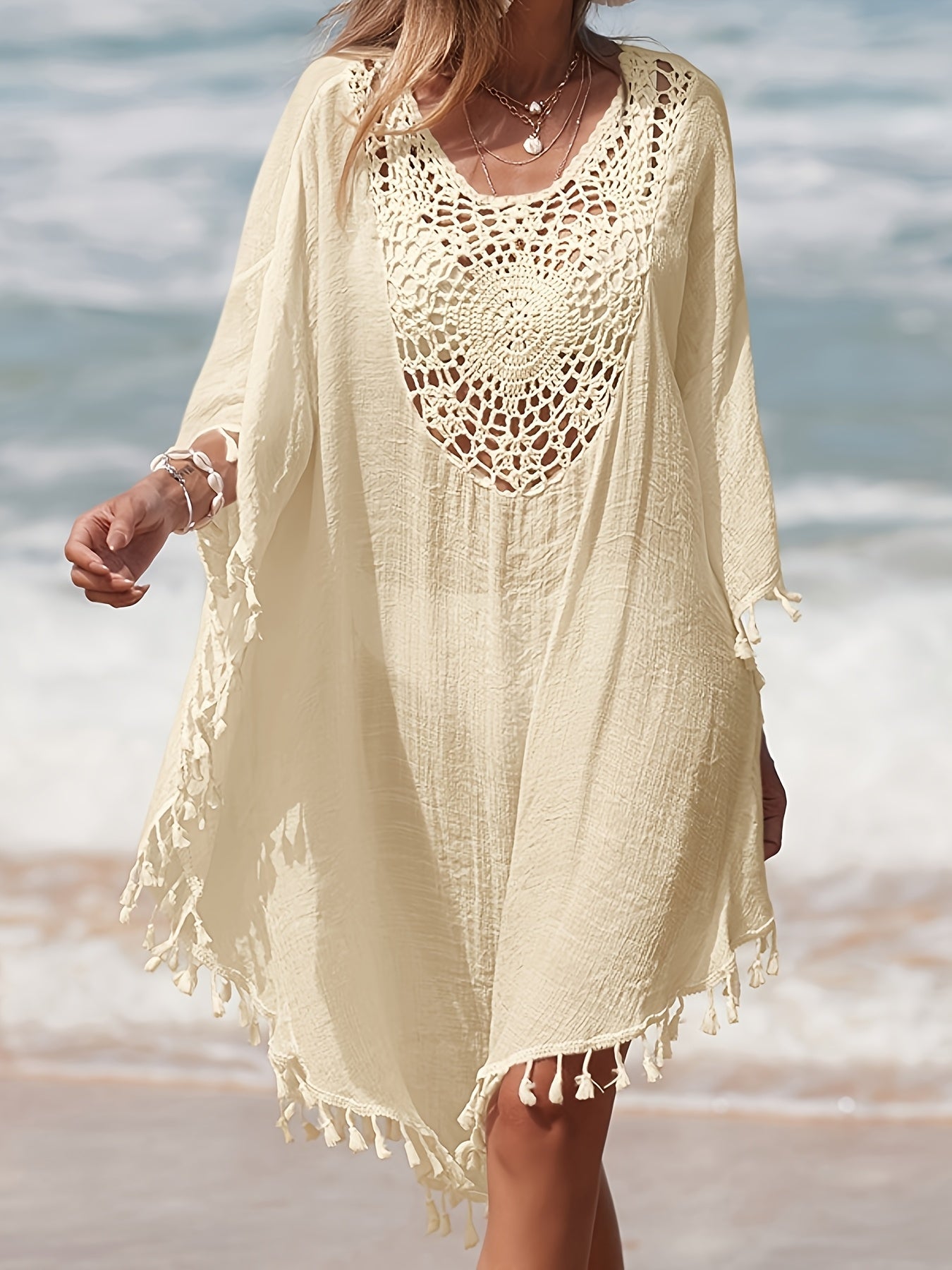 Women's Boho Beach Poncho Kaftan with Crochet Detail and Tassels – Perfect as a Beach Cover-Up