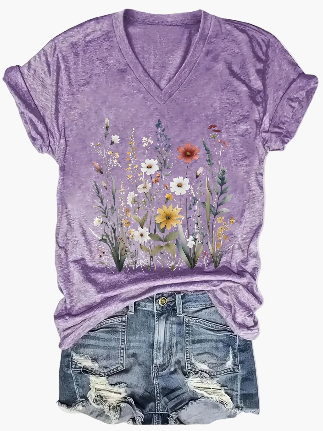 Damen V-Ausschnitt T-Shirt mit Blumenmuster – Lässiger Sommerstyle für Alltag & Freizeit