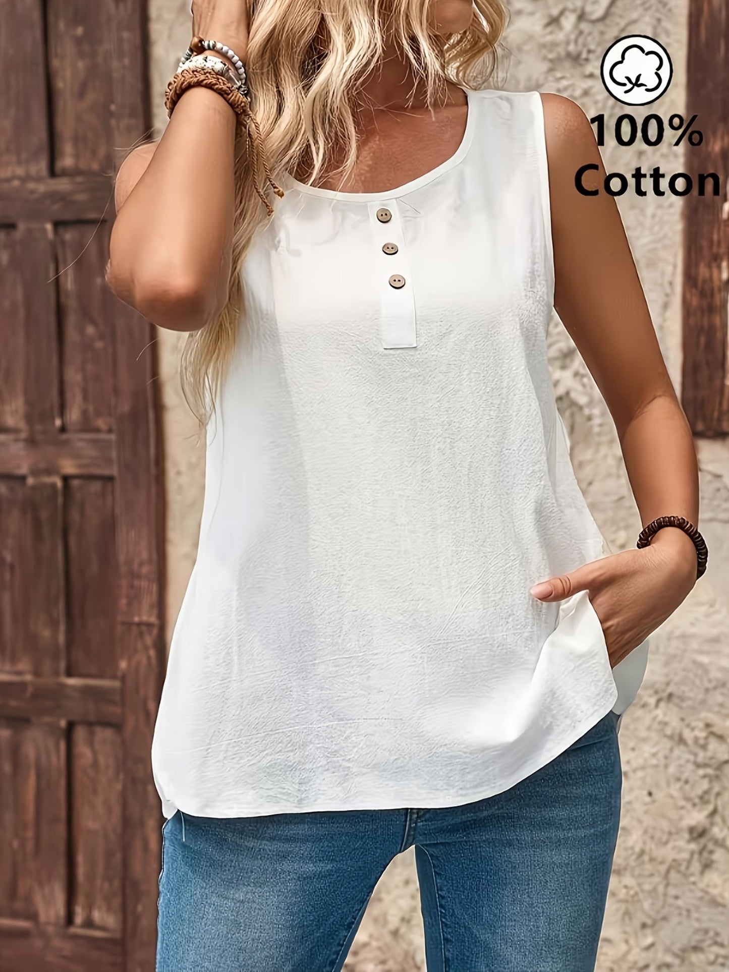 Women's Casual Sleeveless Henley Top with Button Placket – Relaxed Summer Fashion