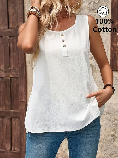 Women's Casual Sleeveless Henley Top with Button Placket – Relaxed Summer Fashion