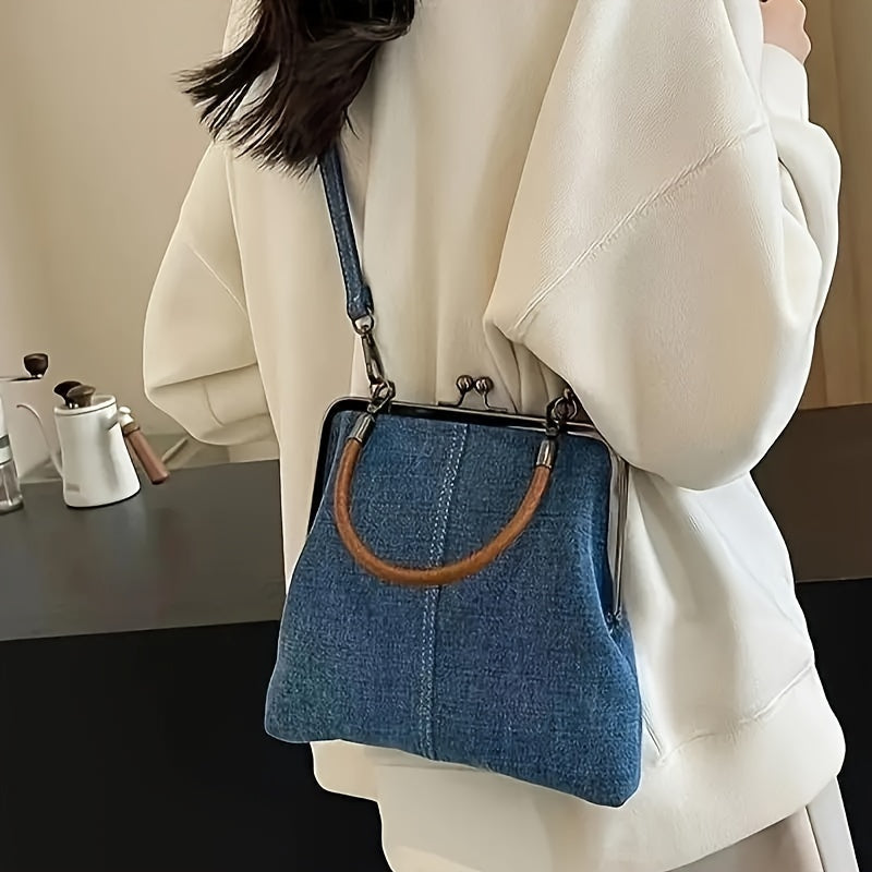 Damen Vintage Handtasche mit Frame-Top und Retro-Charme – Stilvolle Alltagstasche im Denim-Look