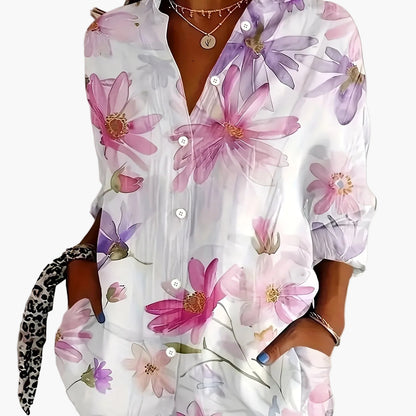 Women's Blouse with Floral Pattern – Elegant Long-Sleeve Shirt Blouse for Spring and Summer, Casual & Office
