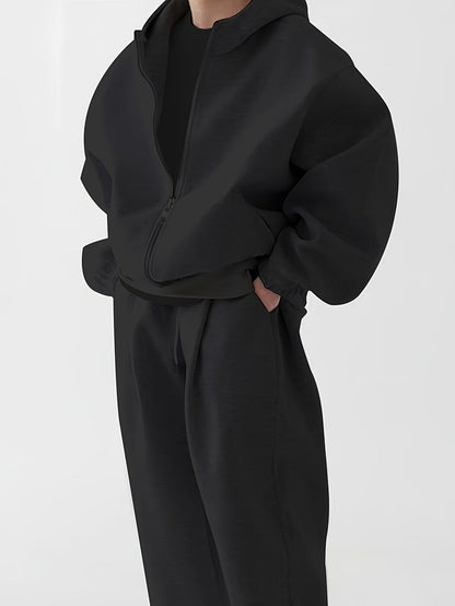 Hoodie & Jogginghose Set Unisex - Grau Melange Sportanzug mit Reißverschluss