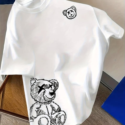 Men's Streetwear T-Shirt with Bear Graphic – Urban Sketch Look, Short Sleeve, Modern Design