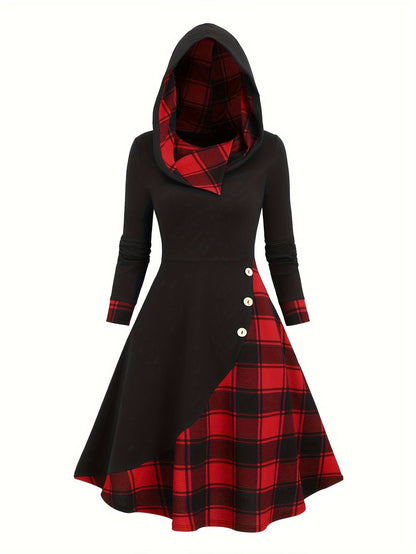 Damen Kapuzenkleid Schwarz mit kariertem Rock Schottenmuster