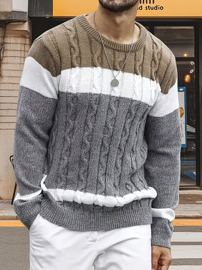 Herren Grobstrick Pullover mit Zopfmuster, farbblockiert, Rundhalsausschnitt