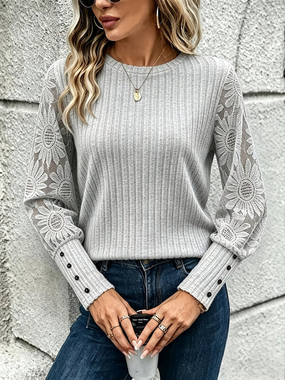 Women's rib-knit sweater with lace sleeves and a crew neck