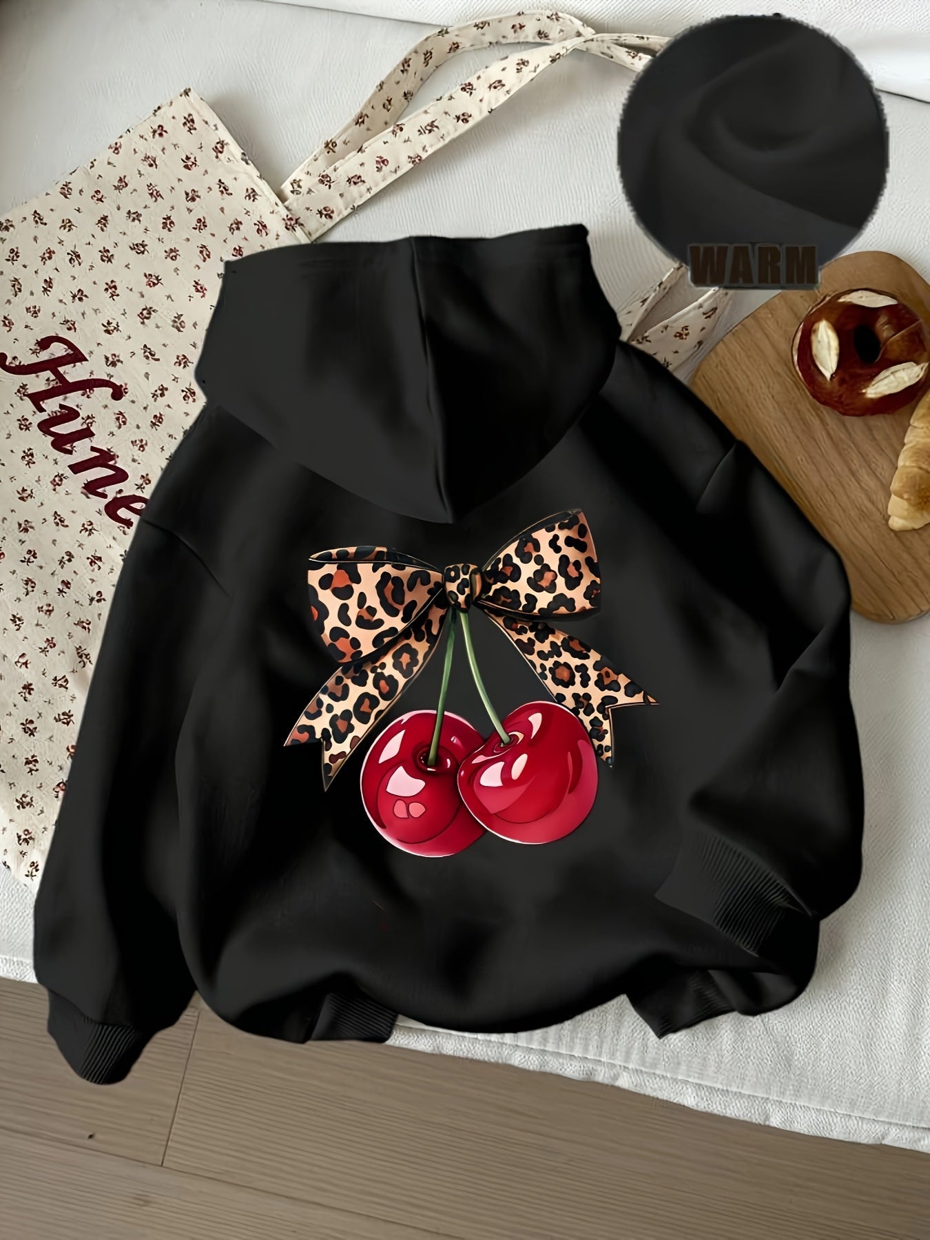 Black hoodie with cherry and leopard print pullover hoodie