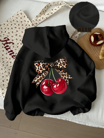 Black hoodie with cherry and leopard print pullover hoodie