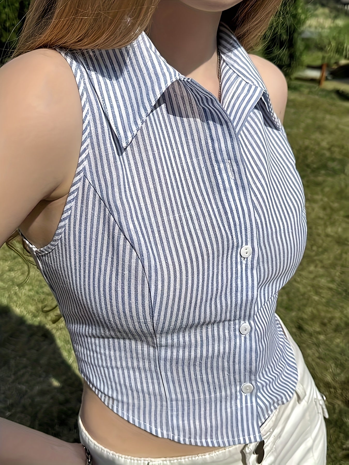 Women's sleeveless blouse in corset style with stripes for modern casual looks