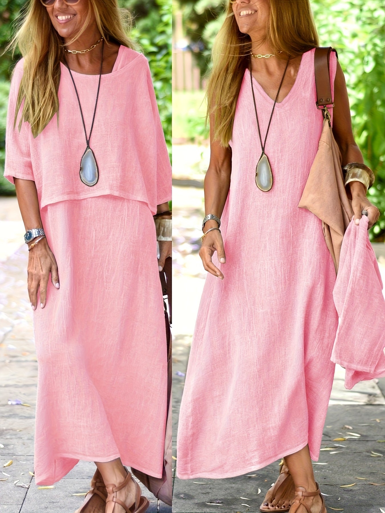 Damen Maxikleid Zweiteiler Set Boho Stil Lässig Sommerkleid für Alltag und Urlaub