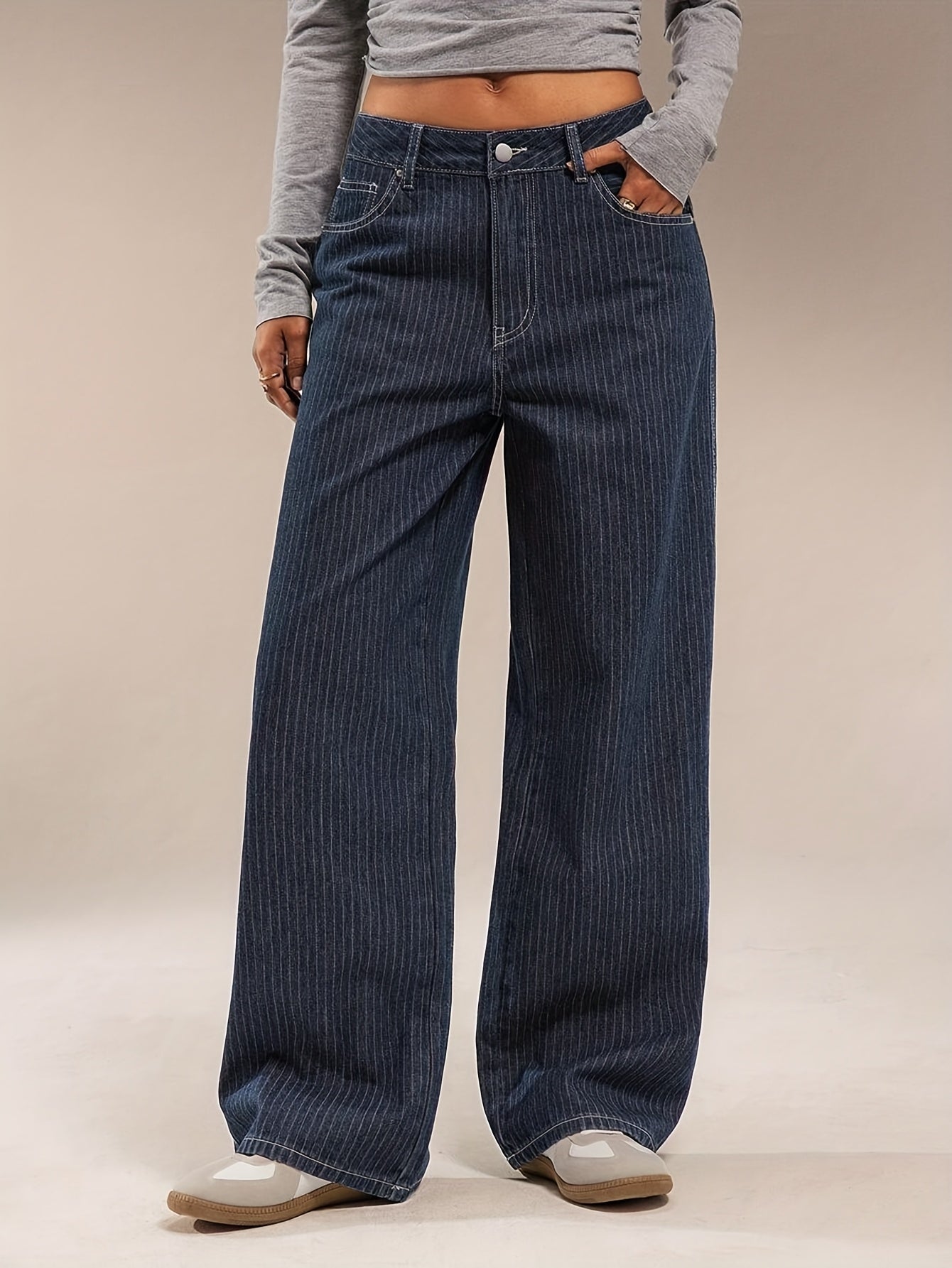 Women's wide-leg striped dark blue jeans