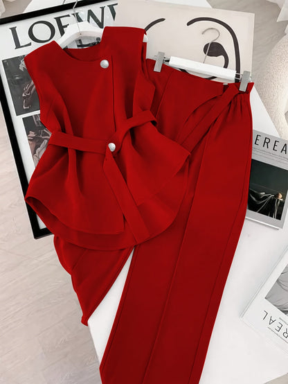 Women's Two-Piece Set – Elegant Business Outfit with Wrap Top and Wide Pants – Modern Office & Occasion Ensemble