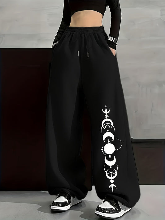 Weite Freizeithose mit Mondphasen-Muster, Elastischer Bund