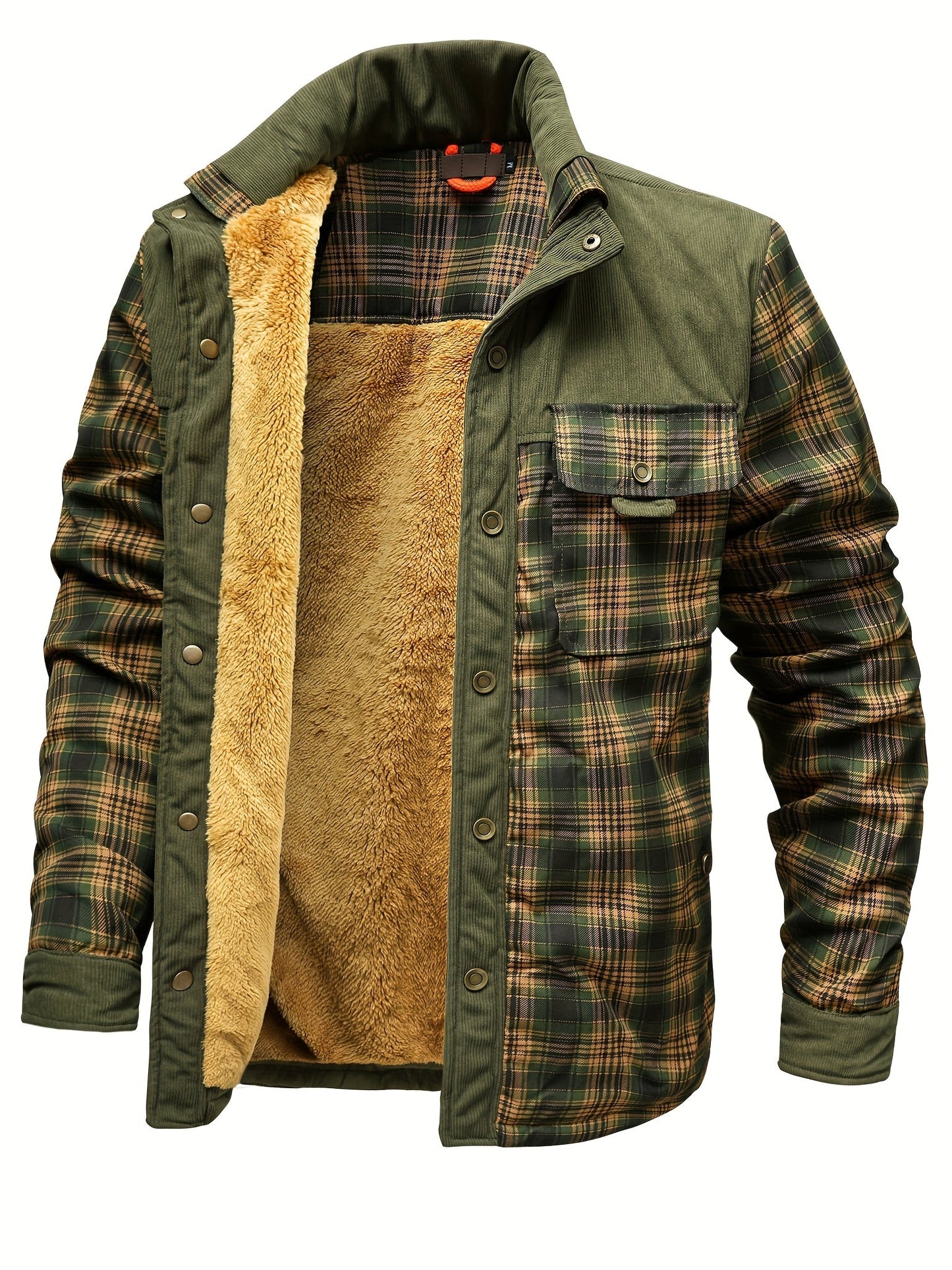Men’s winter jacket, stand-up collar, checkered, fleece lining, green