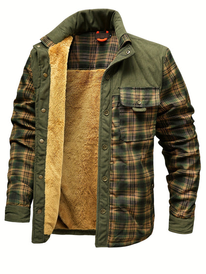 Men’s winter jacket, stand-up collar, checkered, fleece lining, green