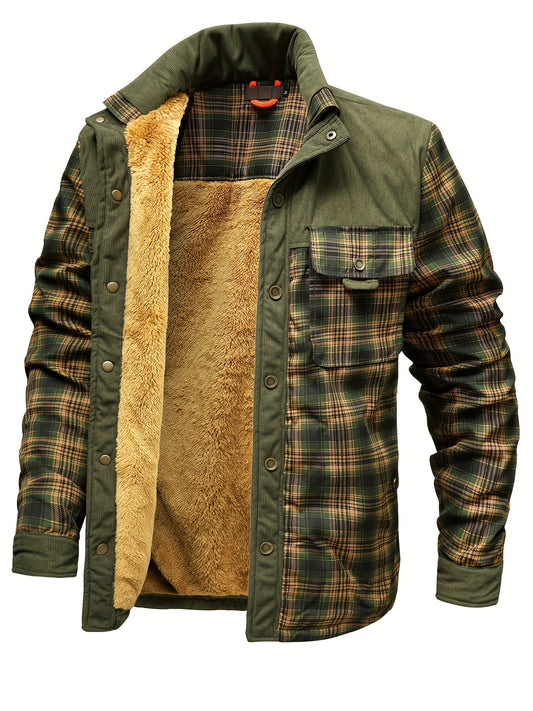 Men’s winter jacket, stand-up collar, checkered, fleece lining, green