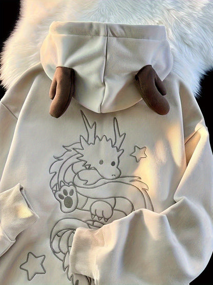 Beige zip-up hoodie with dragon embroidery and antler hood