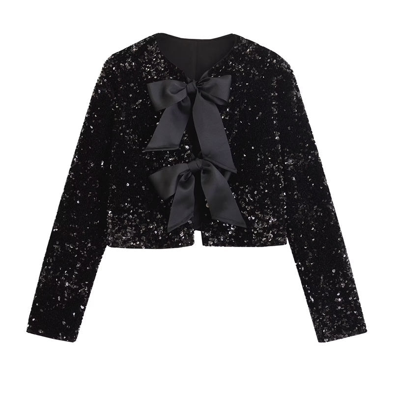 Amelia – Versatile short jacket with bow decoration and sequins