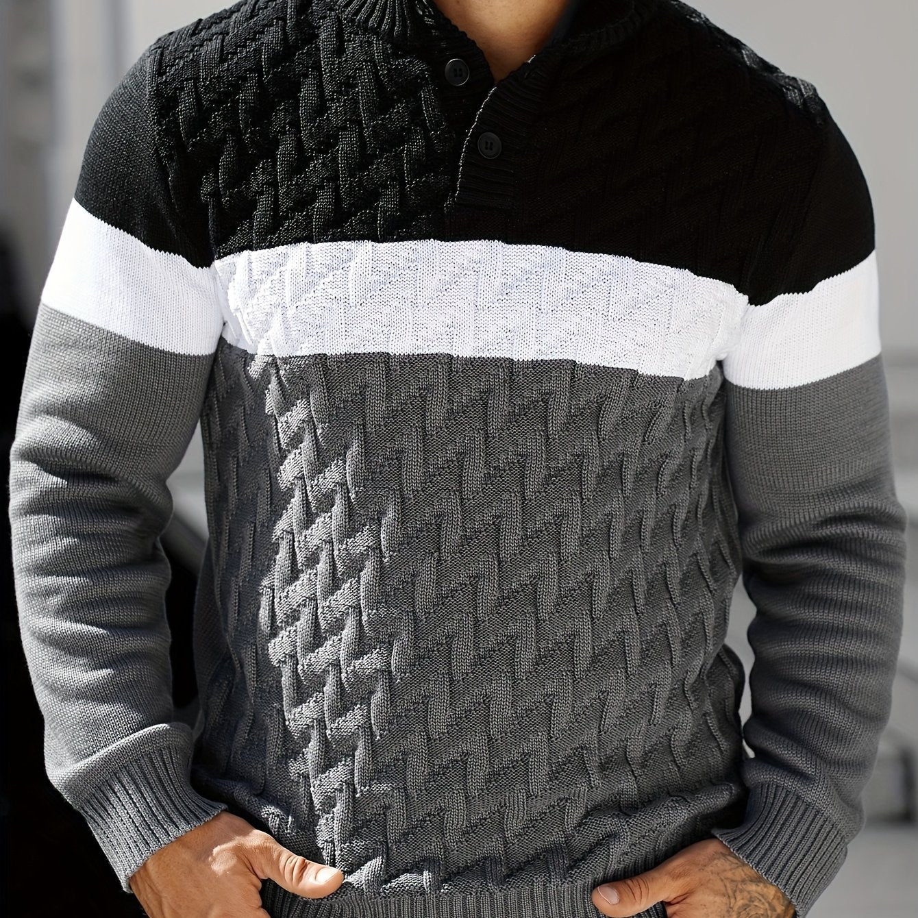 Herren Grobstrick Pullover mit Stehkragen & Knopfleiste, Farbblock-Design, Langarm