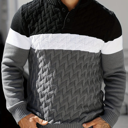 Herren Grobstrick Pullover mit Stehkragen & Knopfleiste, Farbblock-Design, Langarm