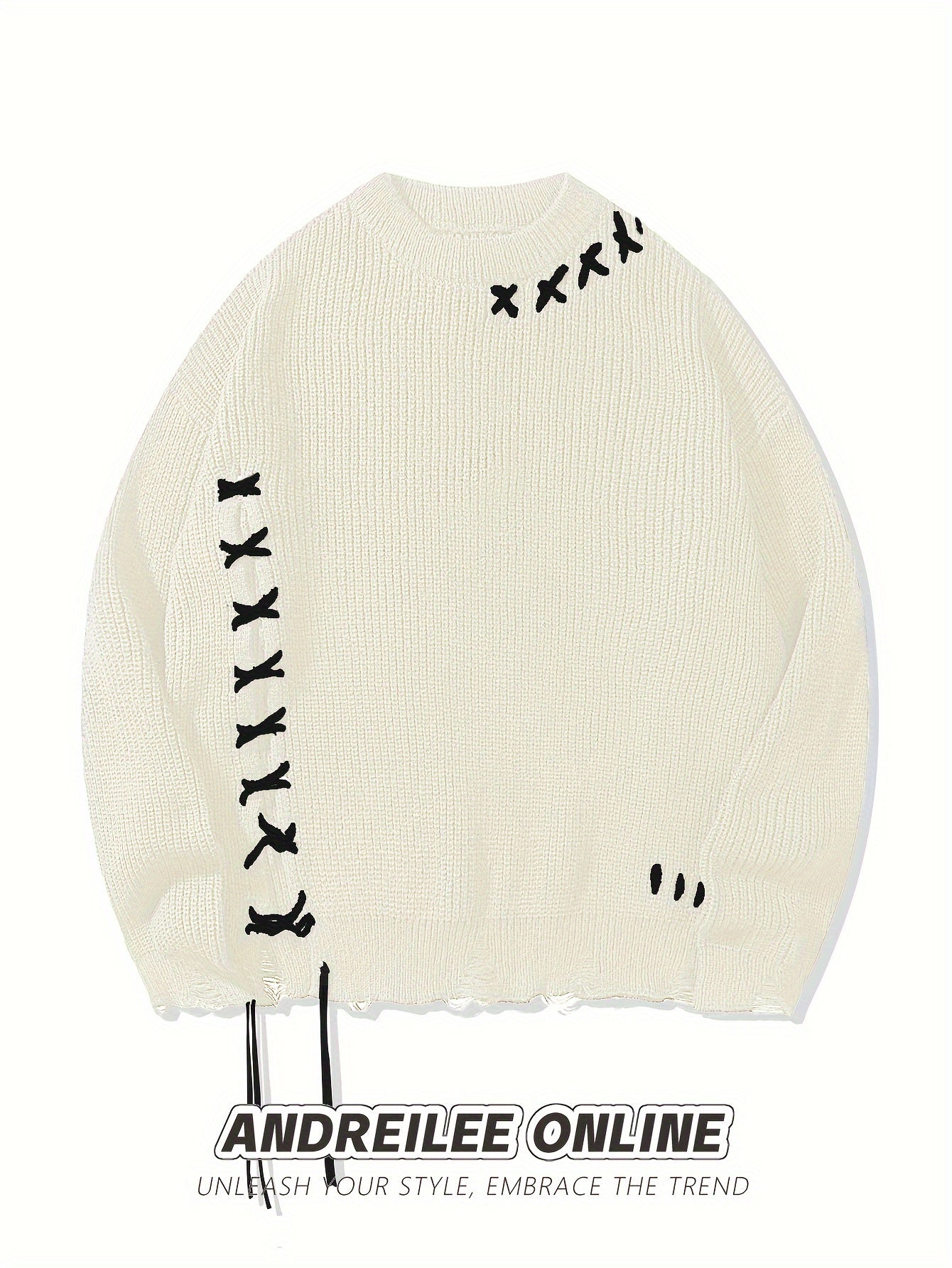 Unisex Strickpullover Schwarz mit Kreuzstich-Details und Destroyed-Effekt