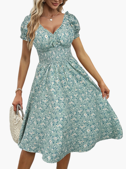 Damen Sommerkleid Elegant mit Blumenmuster und Kurzarm – Perfekt für Alltag und Urlaub