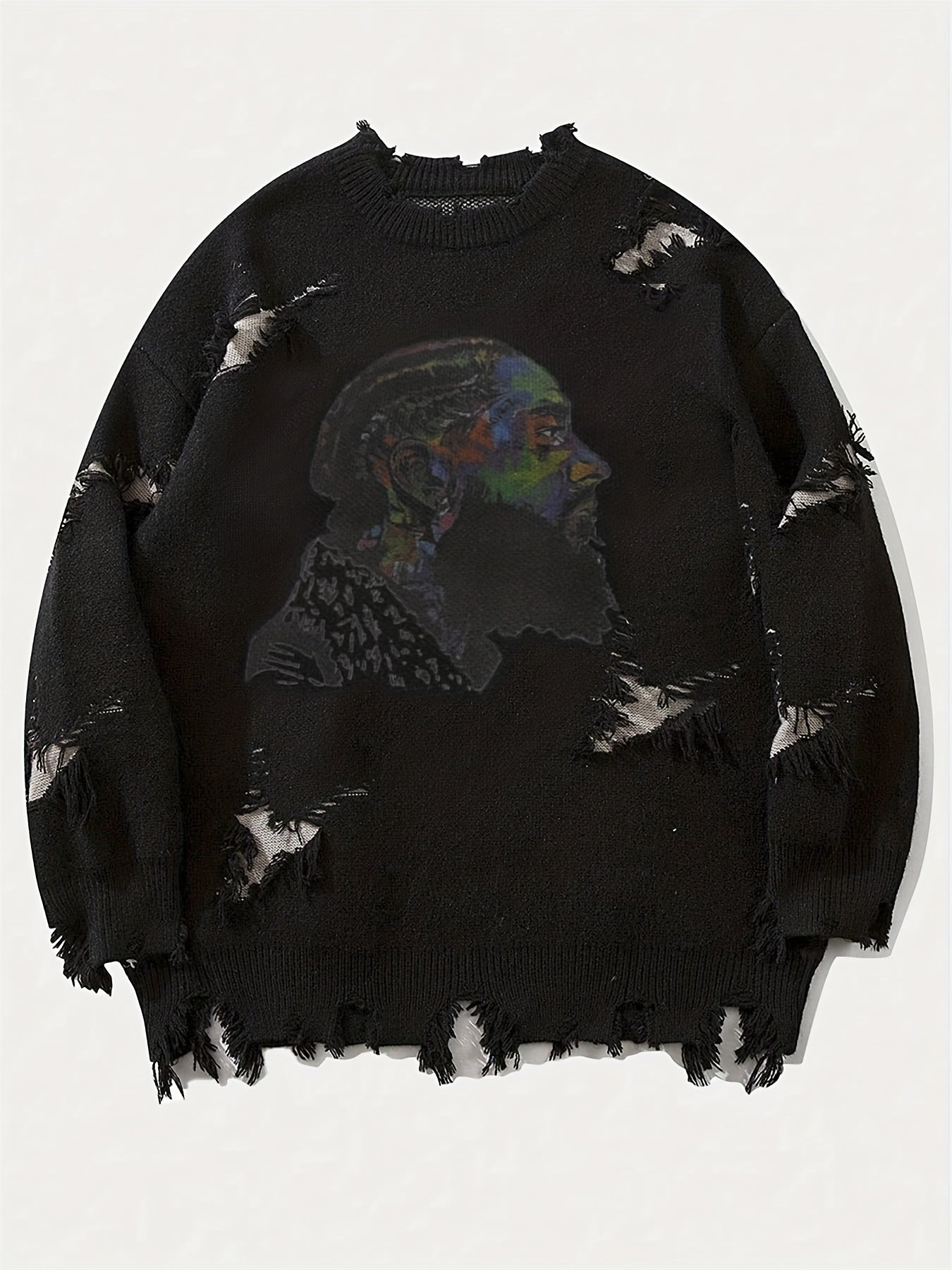Men's chunky-knit crew-neck sweater with colorful portrait print and distressed details