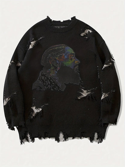 Men's chunky-knit crew-neck sweater with colorful portrait print and distressed details