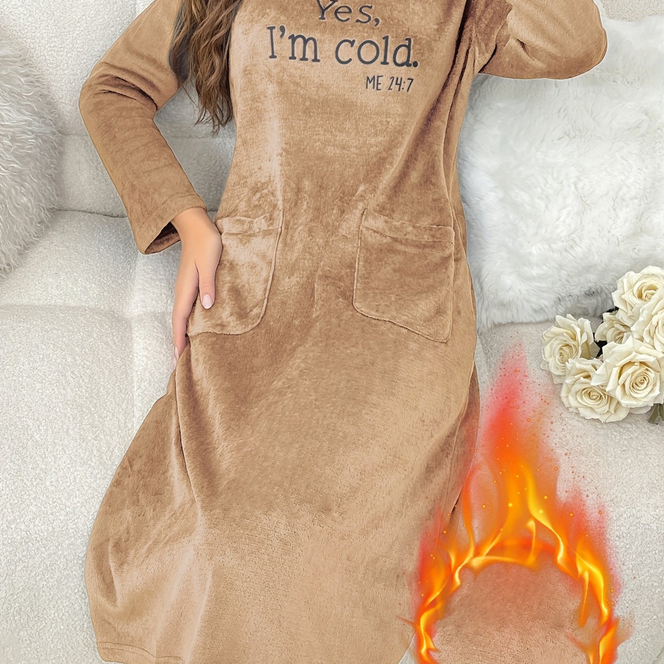 Women's flannel nightgown with a round neckline and embroidery – long-sleeved, cozy loungewear robe