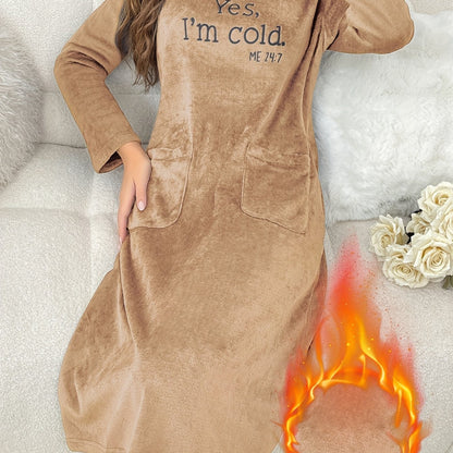 Women's flannel nightgown with a round neckline and embroidery – long-sleeved, cozy loungewear robe