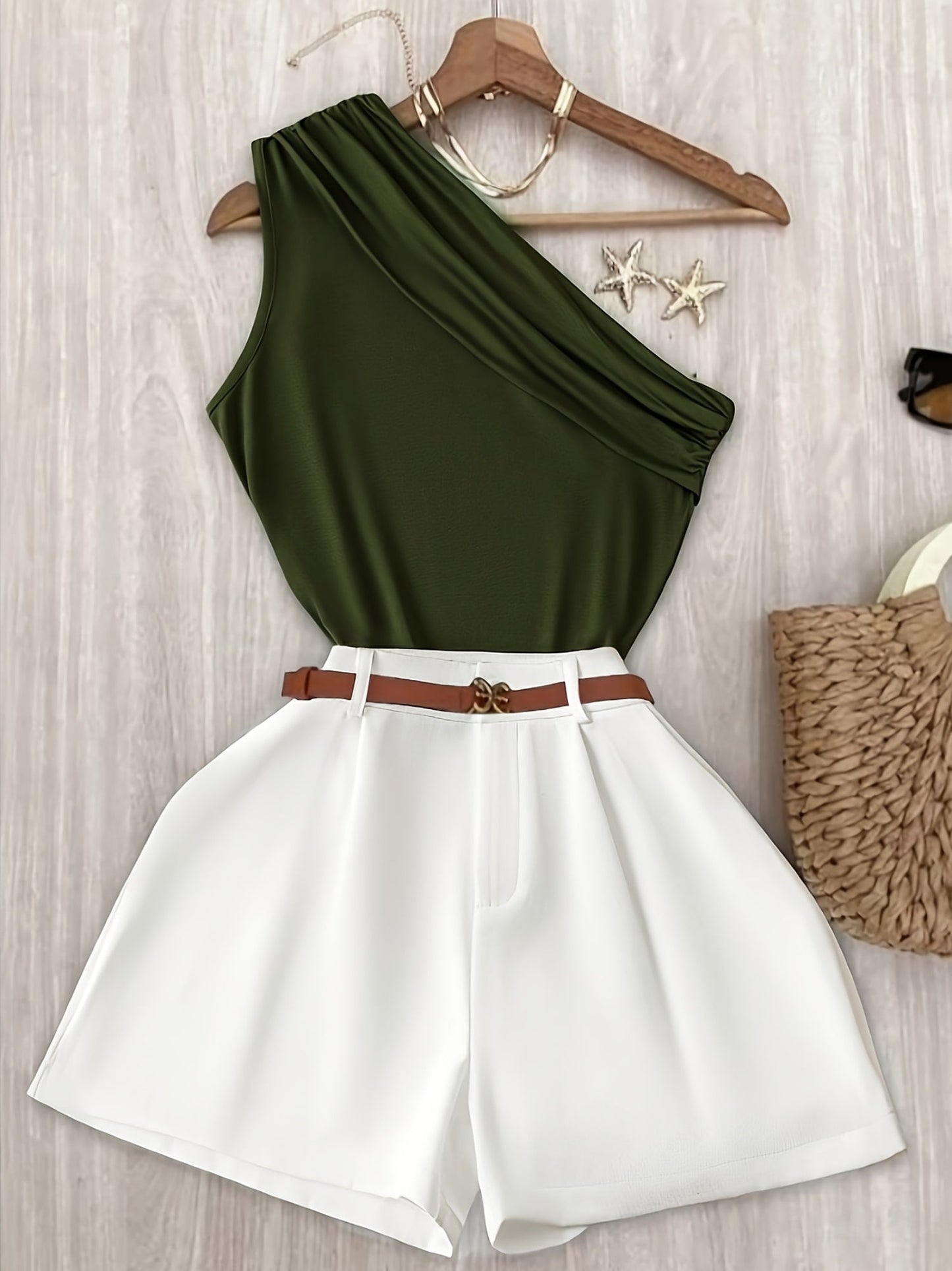Women's One-Shoulder Elegant Summer Outfit Set – Stylish Shorts and Top for Leisure and Vacation
