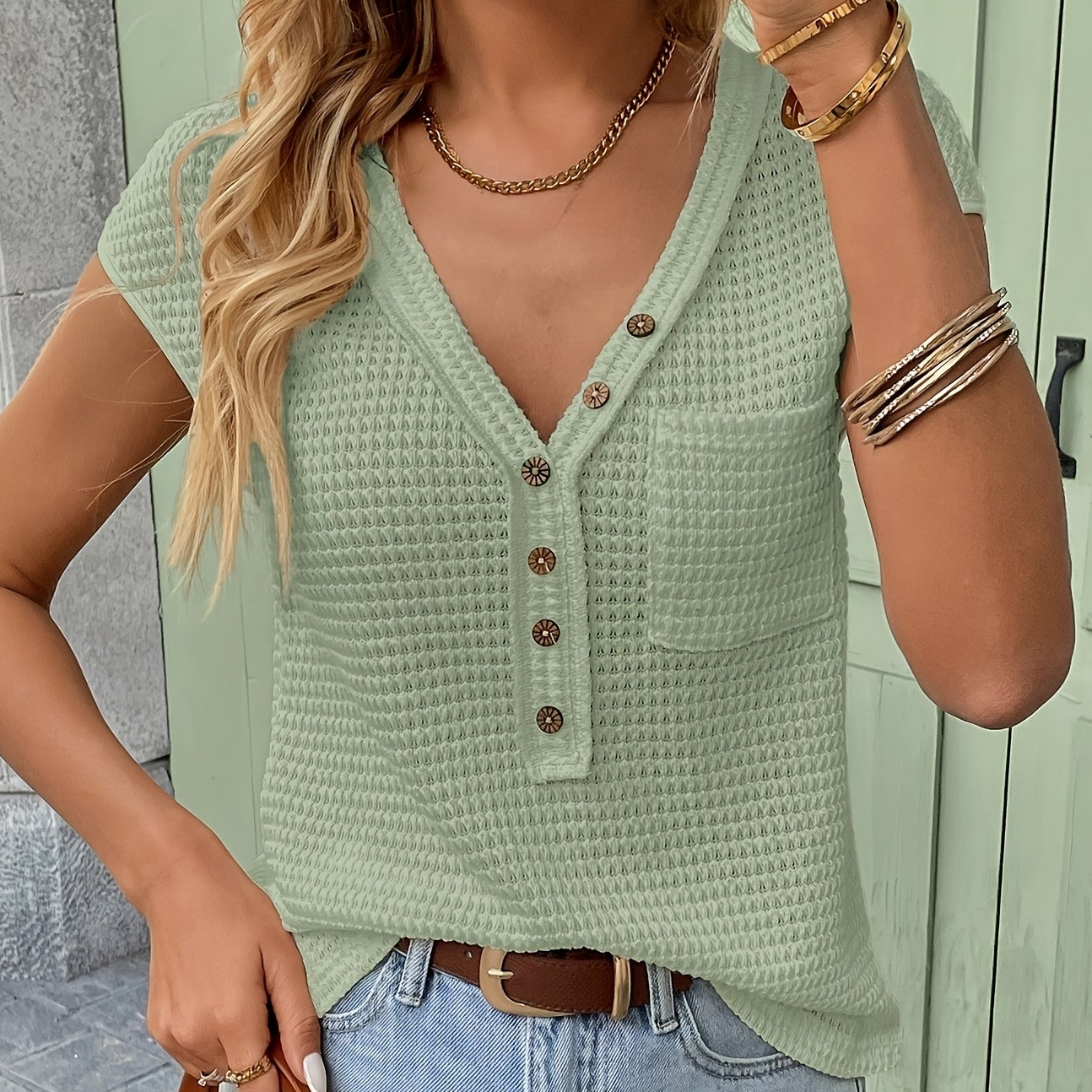 Women's Henley Shirt with Texture, Short Sleeve, V-Neck, Casual Look