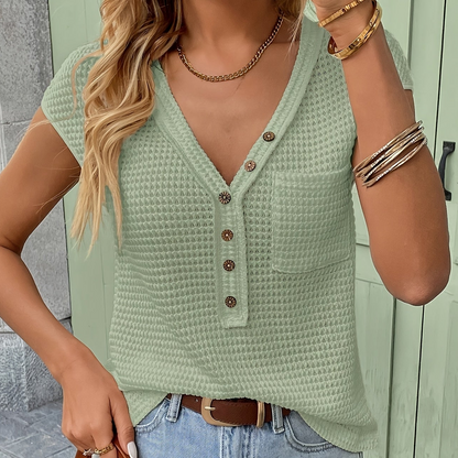 Women's Henley Shirt with Texture, Short Sleeve, V-Neck, Casual Look