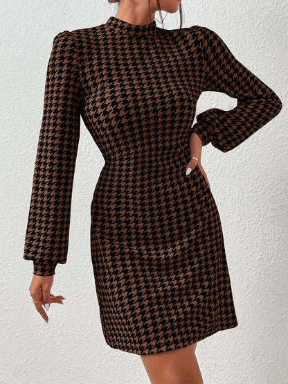 Damen Hahnentritt Kleid Schwarz Braun mit Stehkragen und Puffärmeln