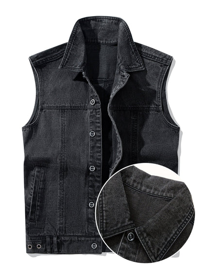Men's Casual Style Denim Vest for Spring and Autumn – Sleeveless Vest with Button Front and Notched Collar