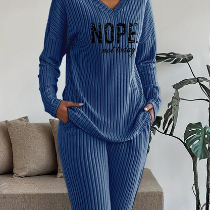 Ribbed women’s two-piece set with a V-neck top featuring lettering and wide-leg pants