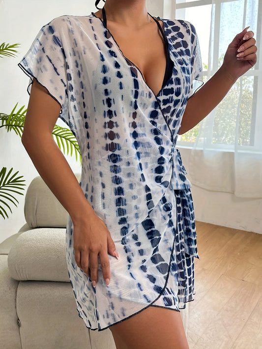 Women's Wrap Dress Beach Cover-Up in Modern Tie-Dye Style – Elegant Summer Dress for Vacation, Beach, and Pool