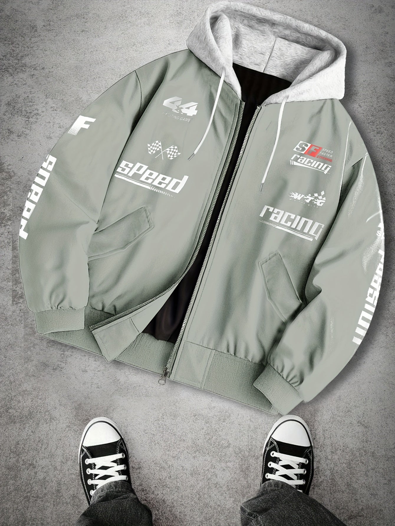 Men's hooded bomber jacket with racing print, zip-up windbreaker