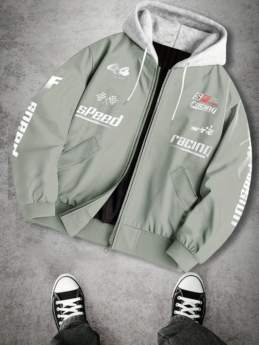 Men's hooded bomber jacket with racing print, zip-up windbreaker