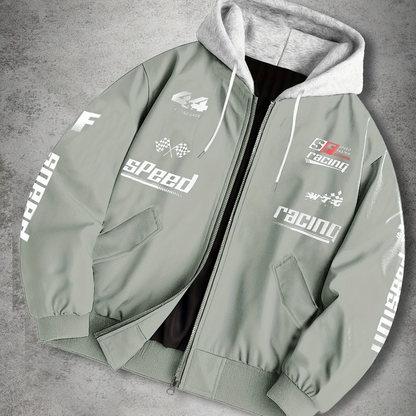Men's hooded bomber jacket with racing print, zip-up windbreaker