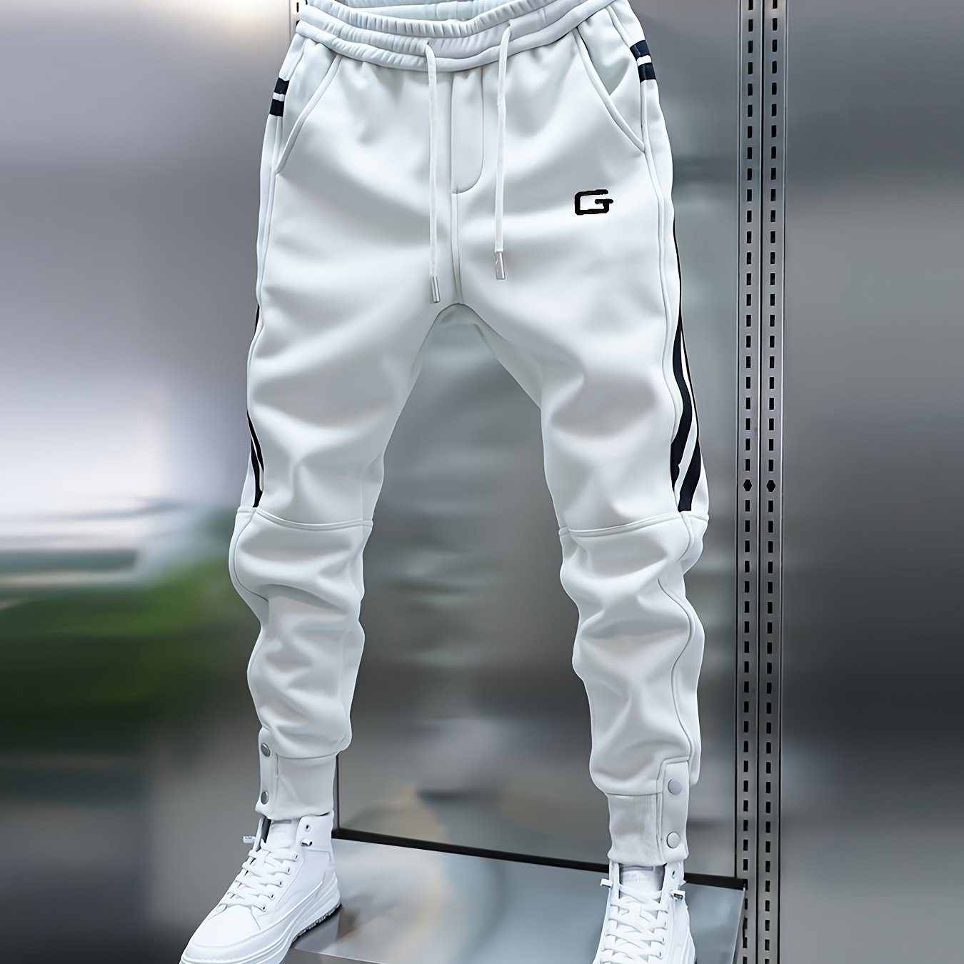 Men's sporty joggers with drawstring, stripes, and buttons