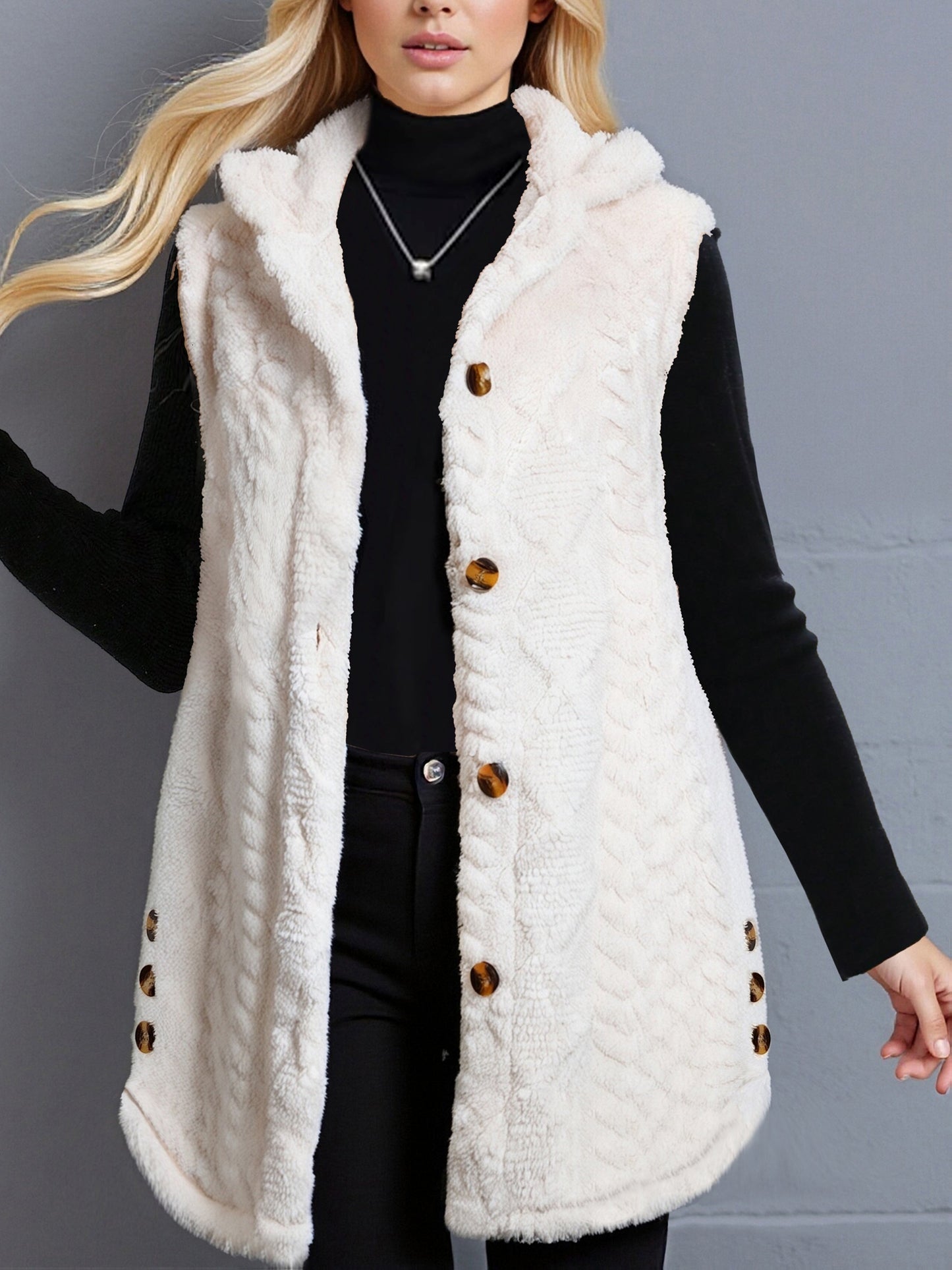 Women's long cream hooded vest with teddy-fur look and buttons
