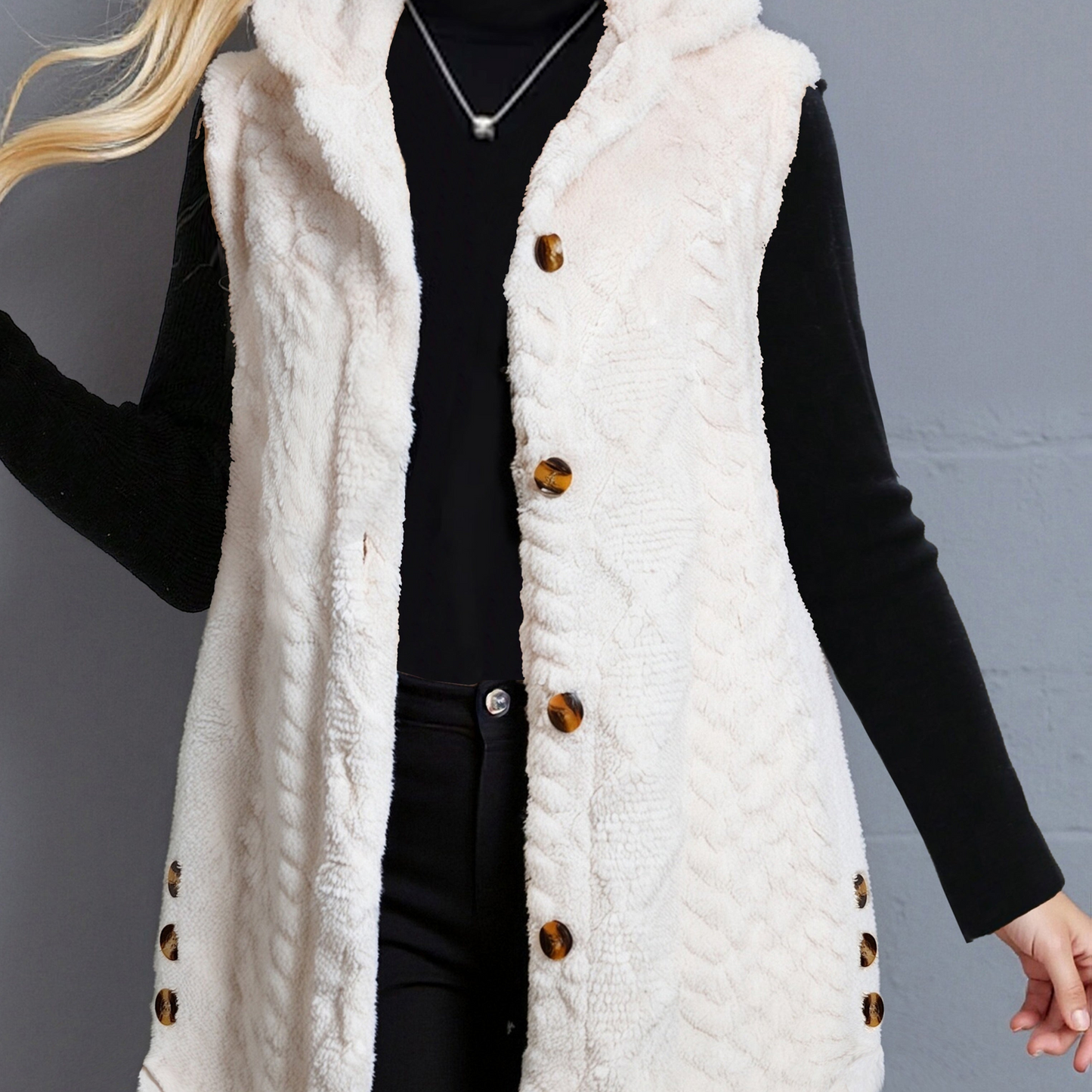 Women's long cream hooded vest with teddy-fur look and buttons