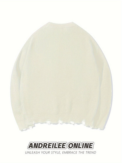 Unisex Strickpullover Schwarz mit Kreuzstich-Details und Destroyed-Effekt