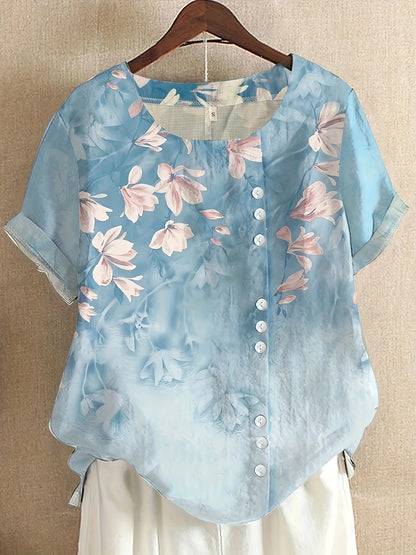 Women's Vintage Blouse with Floral Pattern and Button Placket – Summer Casual Shirt