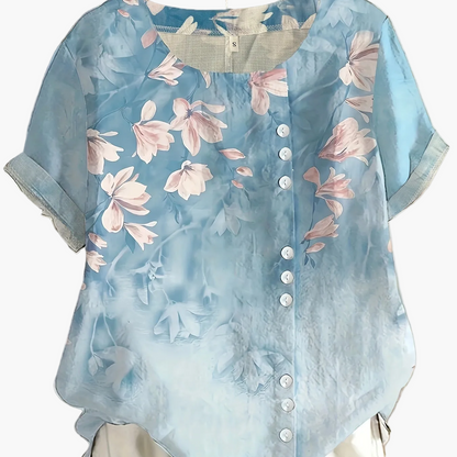 Women's Vintage Blouse with Floral Pattern and Button Placket – Summer Casual Shirt