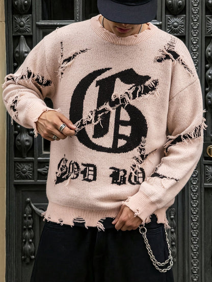Unisex distressed pullover with a crew neck and statement print