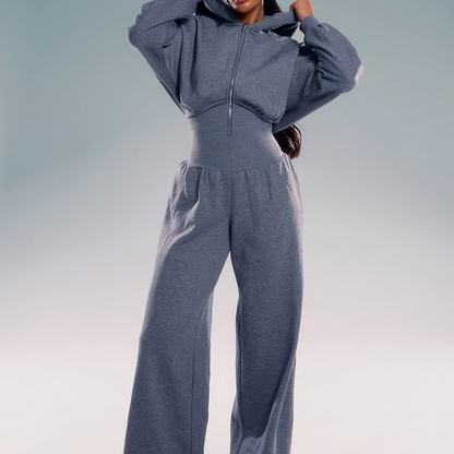 Women's jumpsuit with hood, long sleeves, wide legs, and zipper
