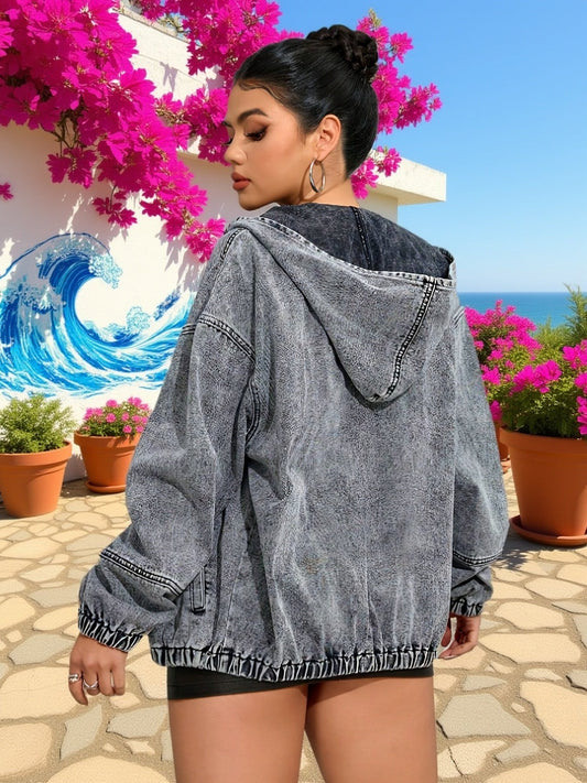 Women's denim jacket with hood and zipper, washed look, gray